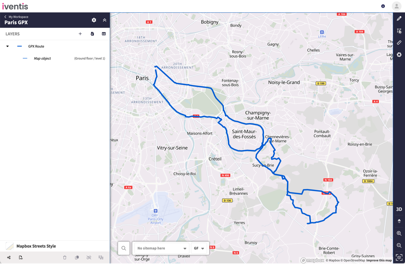 Screenshot from the Iventis Planner showing how routes can be traced using GPX file import.