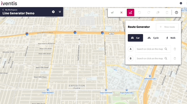 Recording from the Iventis Planner showing how routes can now be automatically calculated from points A to B.