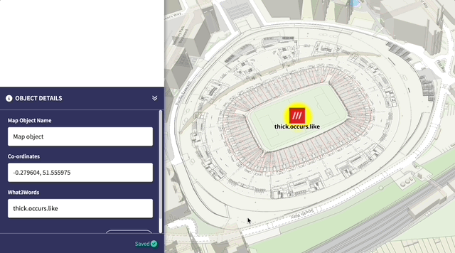 Recording of the Iventis Planner displaying how What3Words can be used to define a specific 3x3m point on the map.