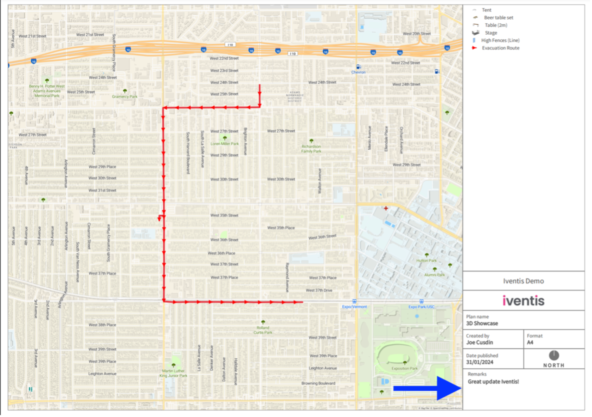 PDF format generated from the Iventis Planner with an arrow showing where remarks can now be added to the file.