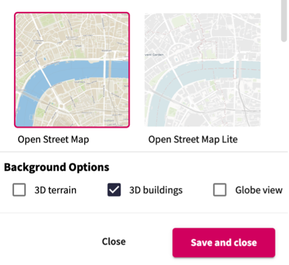 Screenshot from the Iventis Planner showing the new toggle for 3D buildings within the base map options.