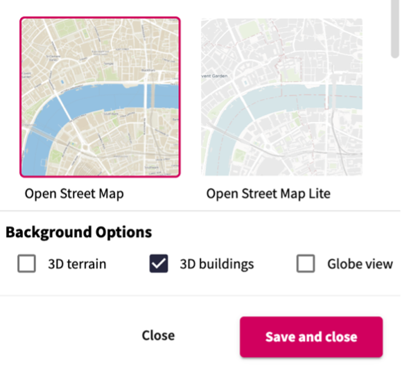 Screenshot from the Iventis Planner showing the new toggle for 3D buildings within the base map options.