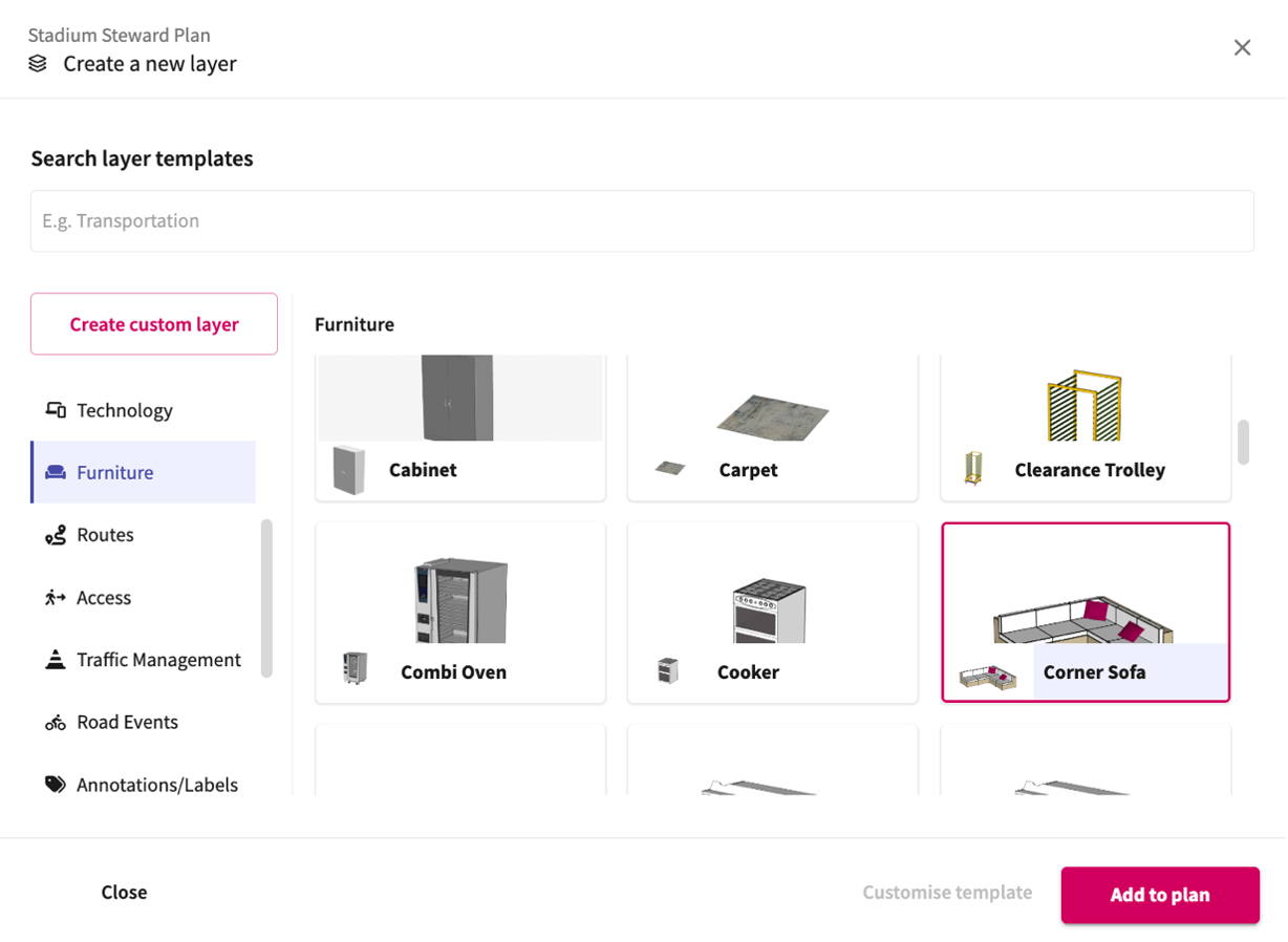 Screenshot from the Iventis Planner showcasing the new categorisation for the Layer Template Gallery.