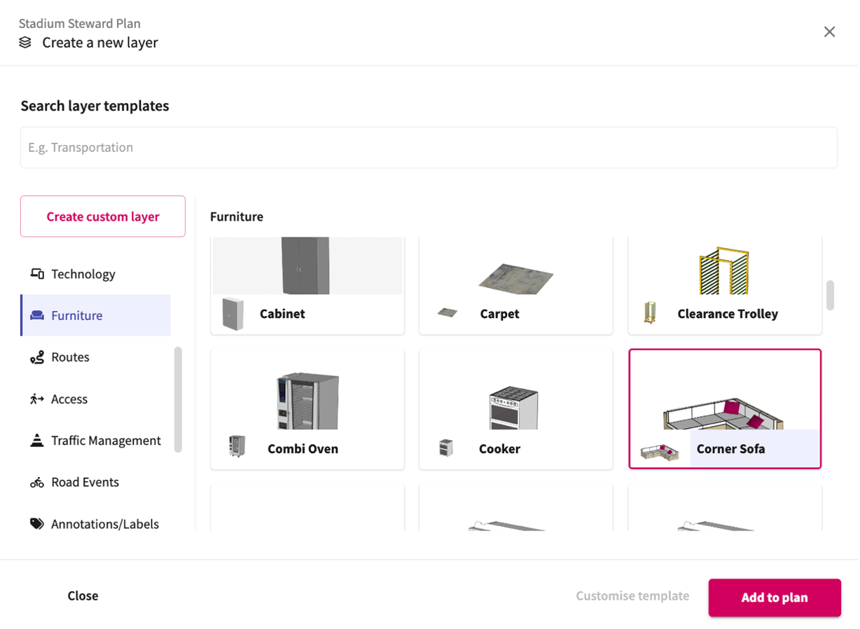 Screenshot from the Iventis Planner showcasing the new categorisation for the Layer Template Gallery.