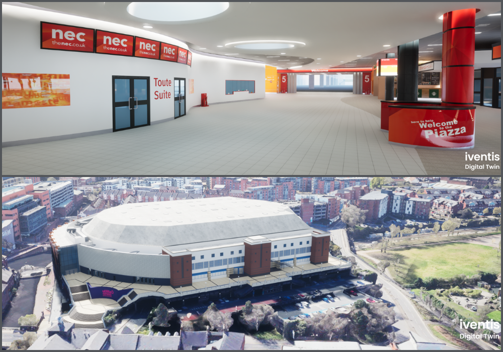 Examples of the interior of the NEC and exterior of the Utilita Arena in Birmingham, as shown in the Iventis Digital Twin